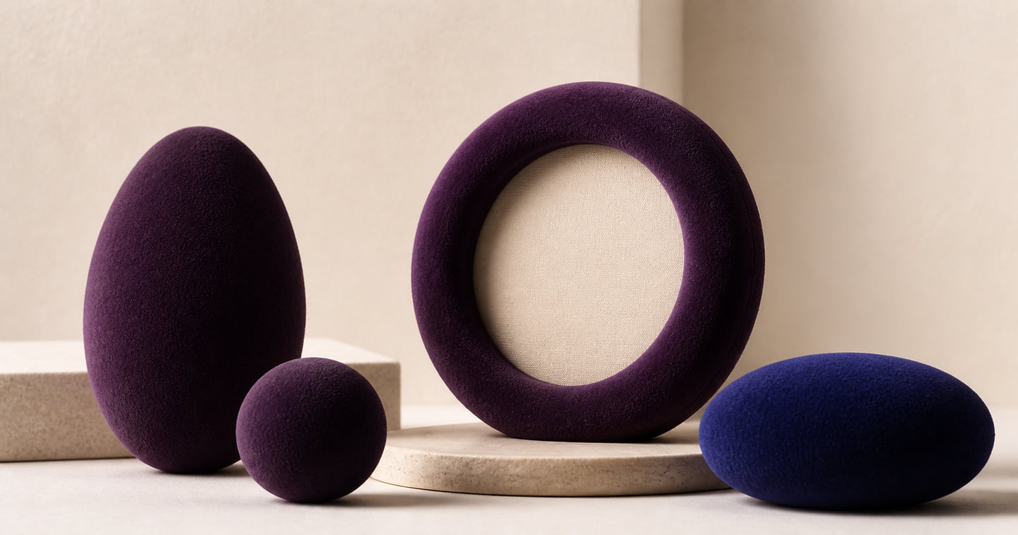 Sculptural decorative objects finished in Mulberry Velvet flock
